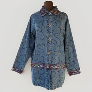 DENIM & CO Colorful Floral Embroidered Denim Boho Jean Jacket Women's Sz L